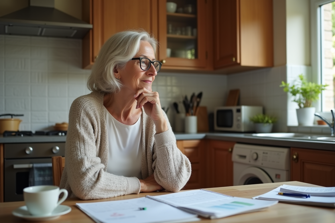 Femme retraitée concentrée avec papiers de retraite