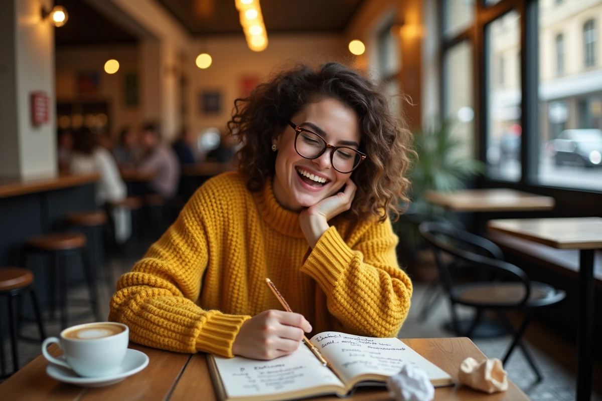 Femme souriante lisant des rimes drôles dans un carnet dans un café parisien vintage