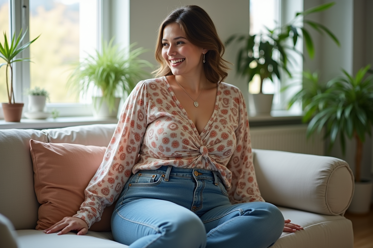 Femme souriante en jeans et blouse dans un salon lumineux
