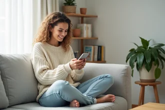 Jeune femme qui scrolle sur son smartphone posé dans sa main dans un salon minimaliste scandinave
