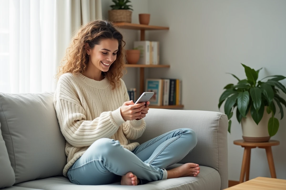 Jeune femme qui scrolle sur son smartphone posé dans sa main dans un salon minimaliste scandinave