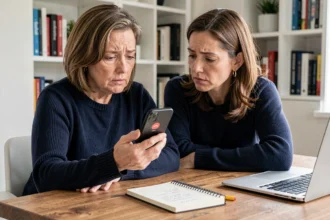 Femme consultant un appel suspect sur son smartphone avant de signaler un numéro aux autorités