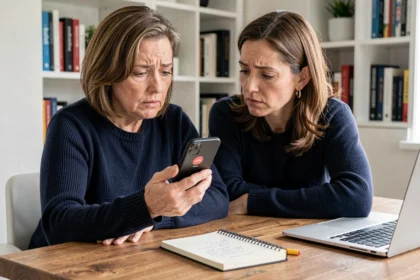 Femme consultant un appel suspect sur son smartphone avant de signaler un numéro aux autorités