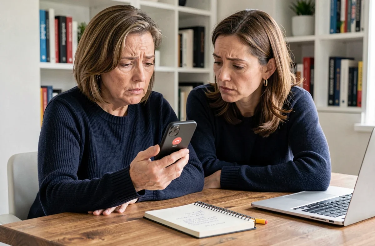 Femme consultant un appel suspect sur son smartphone avant de signaler un numéro aux autorités