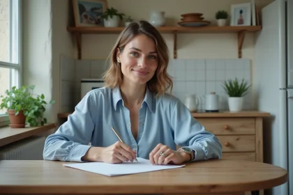 Femme signant un document dans une cuisine chaleureuse