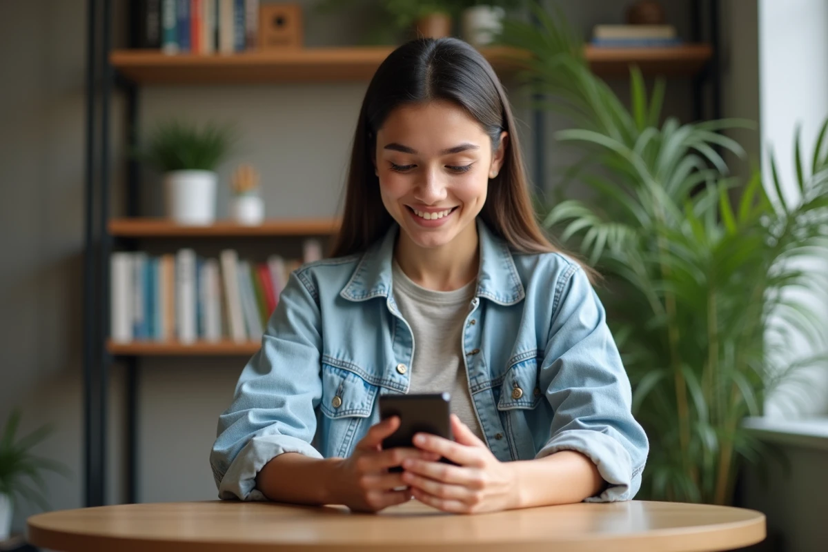 Femme détendue utilisant son smartphone dans un salon moderne