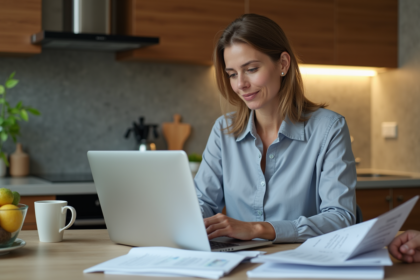 Femme d'âge moyen travaillant à la maison avec documents et ordinateur