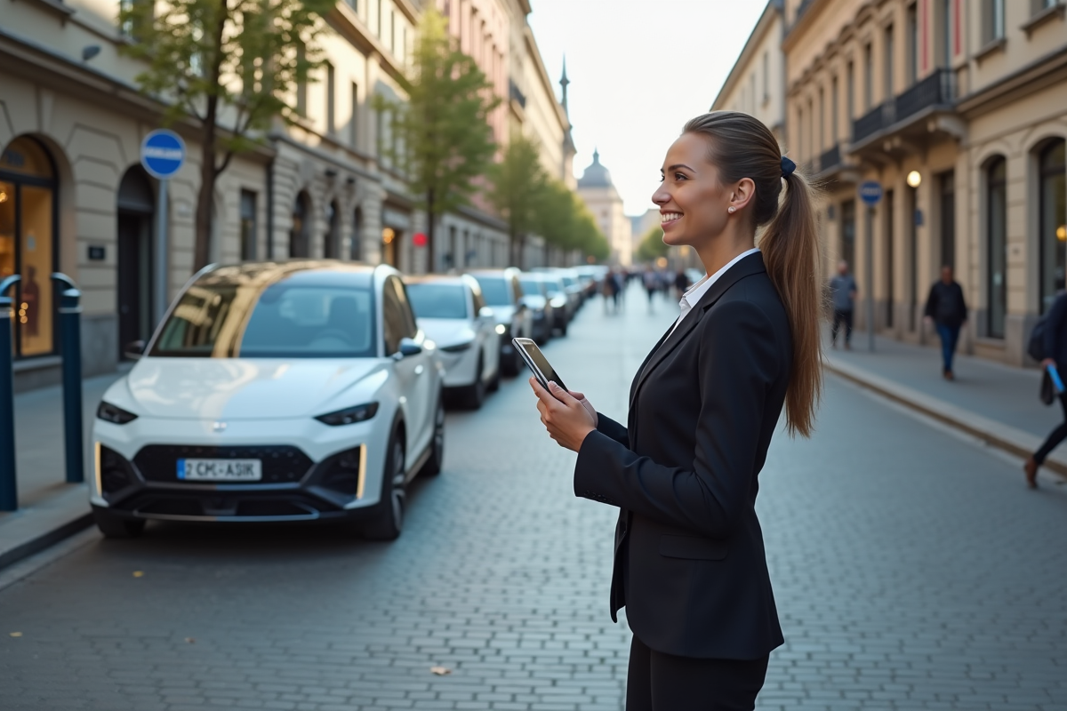 Jeune femme d affaires observant voitures électriques en ville