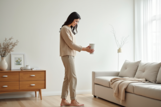 Femme arrangeant un vase en céramique dans un salon lumineux