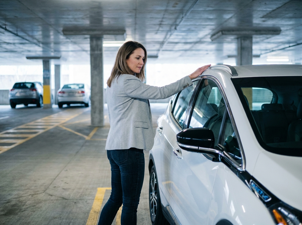 Femme évaluant une voiture électrique d'occasion compacte dans un parking urbain moderne