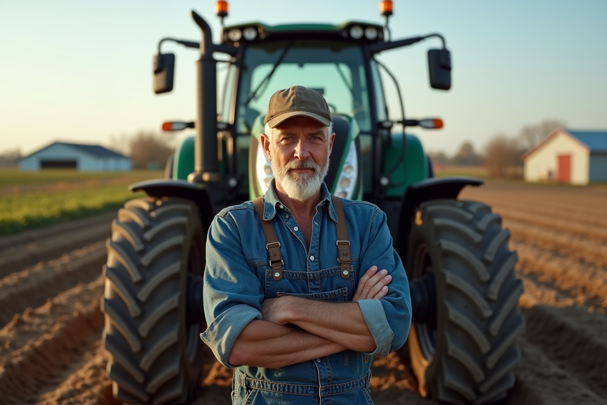 Fermeur avec tracteur moderne dans un champ cultivé