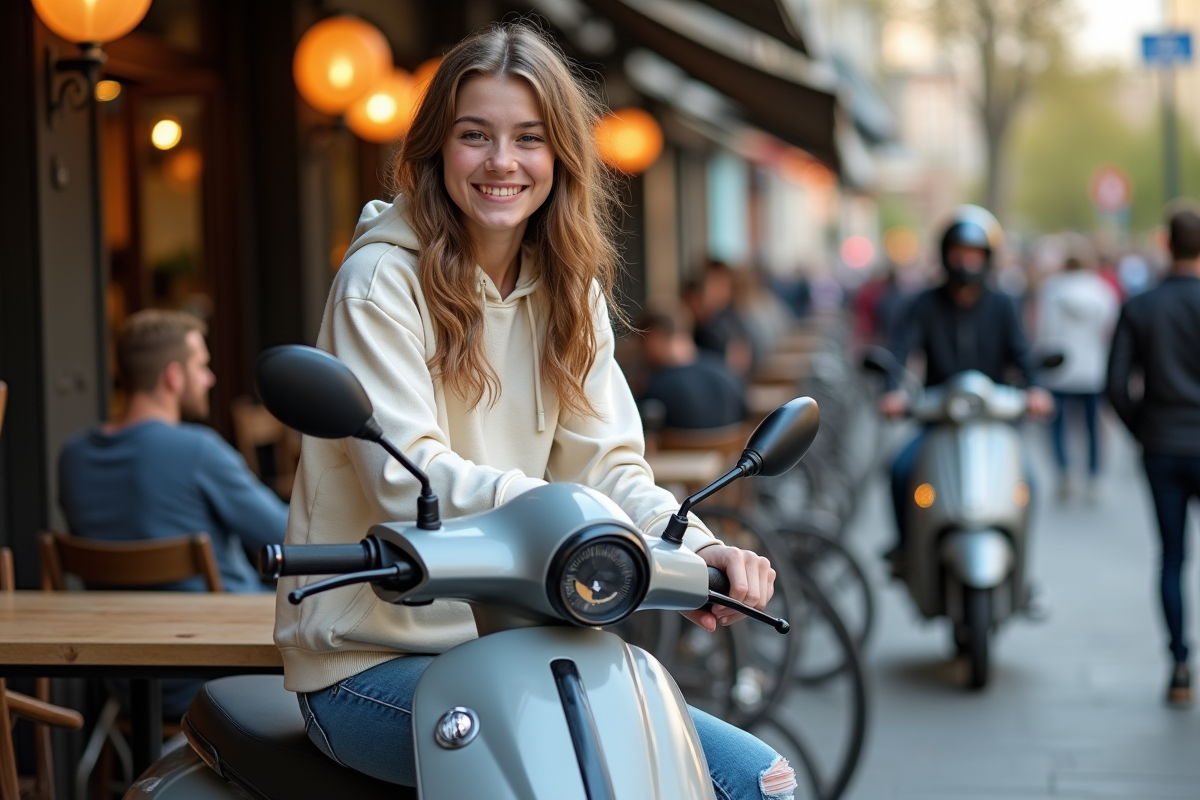 Fille ado assise sur scooter près d’un café en ville