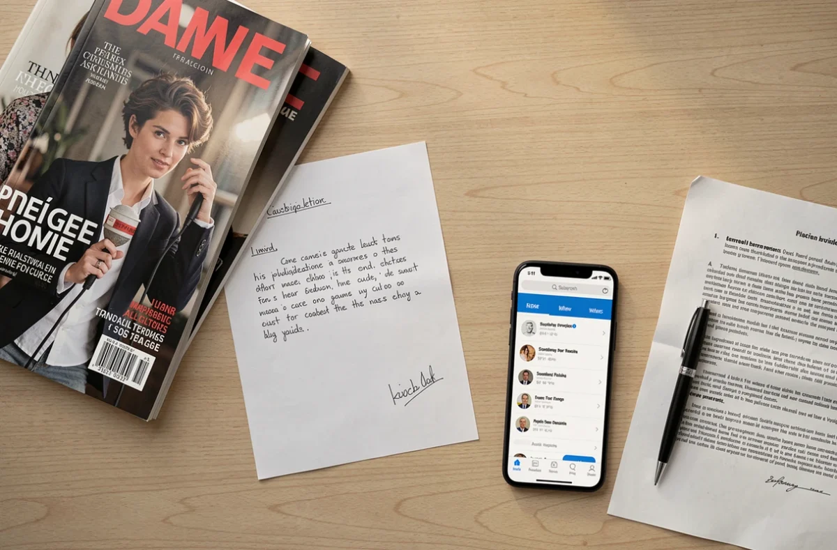 Vue aérienne d'un bureau avec magazines, lettre de résiliation et document légal relatifs à un abonnement magazine