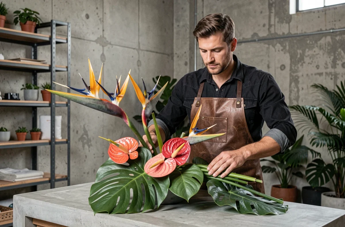 Le fleuriste Enzo créant un arrangement tropical contemporain avec des oiseaux du paradis et des feuilles de monstera dans un studio moderne