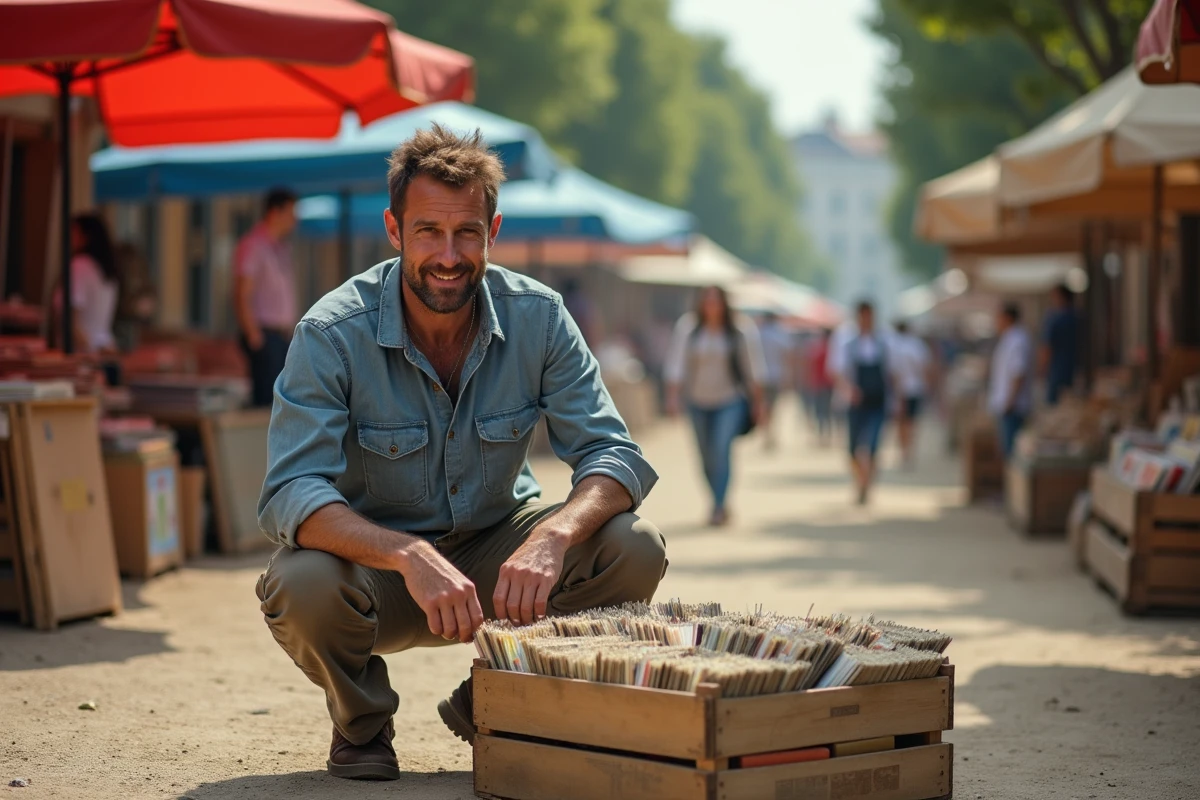 Homme fouillant une caisse de vinyles et de livres anciens sur un grand vide-grenier à Agen en Lot-et-Garonne