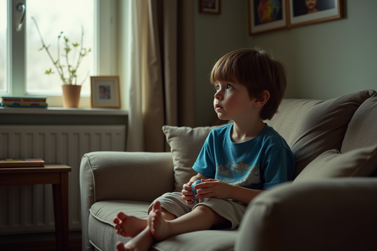 Jeune garçon assis seul sur un canapé dans une maison modeste