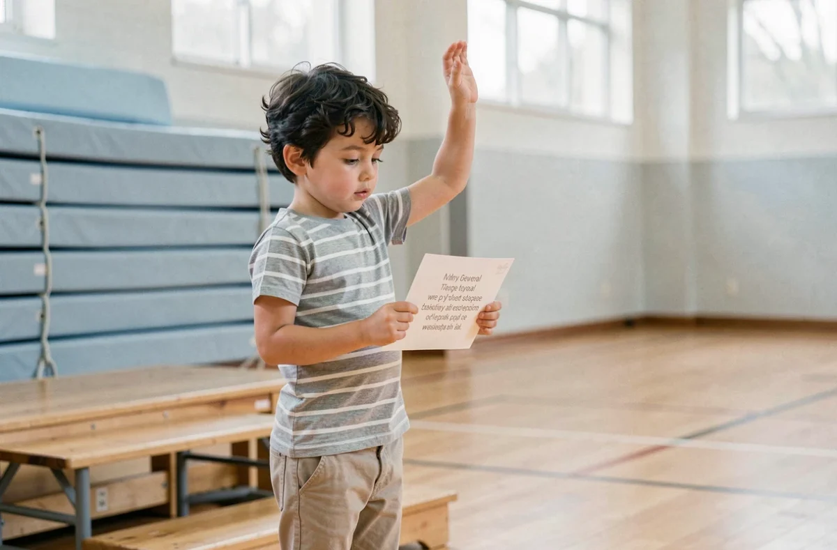 Petit garçon timide de CE1 qui récite une poésie avec des gestes sur une petite scène de gymnase scolaire