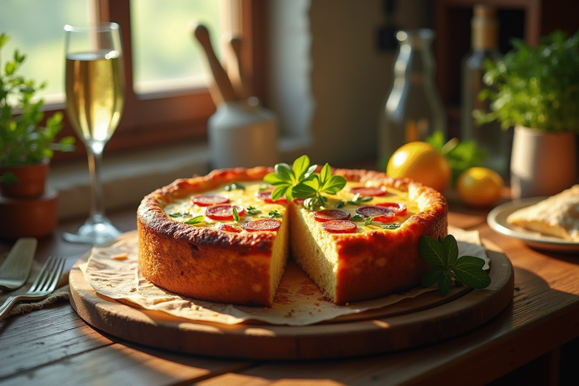 Gâteau salé tranché avec chorizo et chèvre sur une table en bois