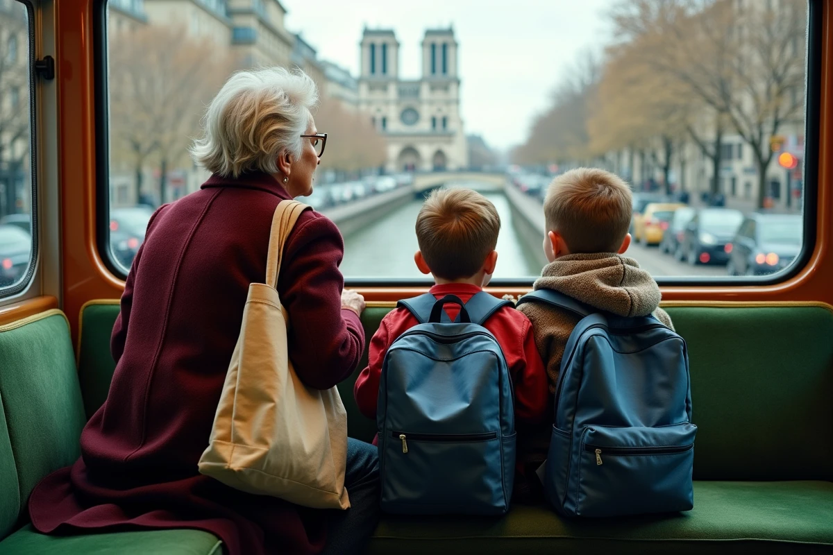 Grand-mère et deux enfants en voyage en bus à Paris avec vue sur la Seine et Notre-Dame