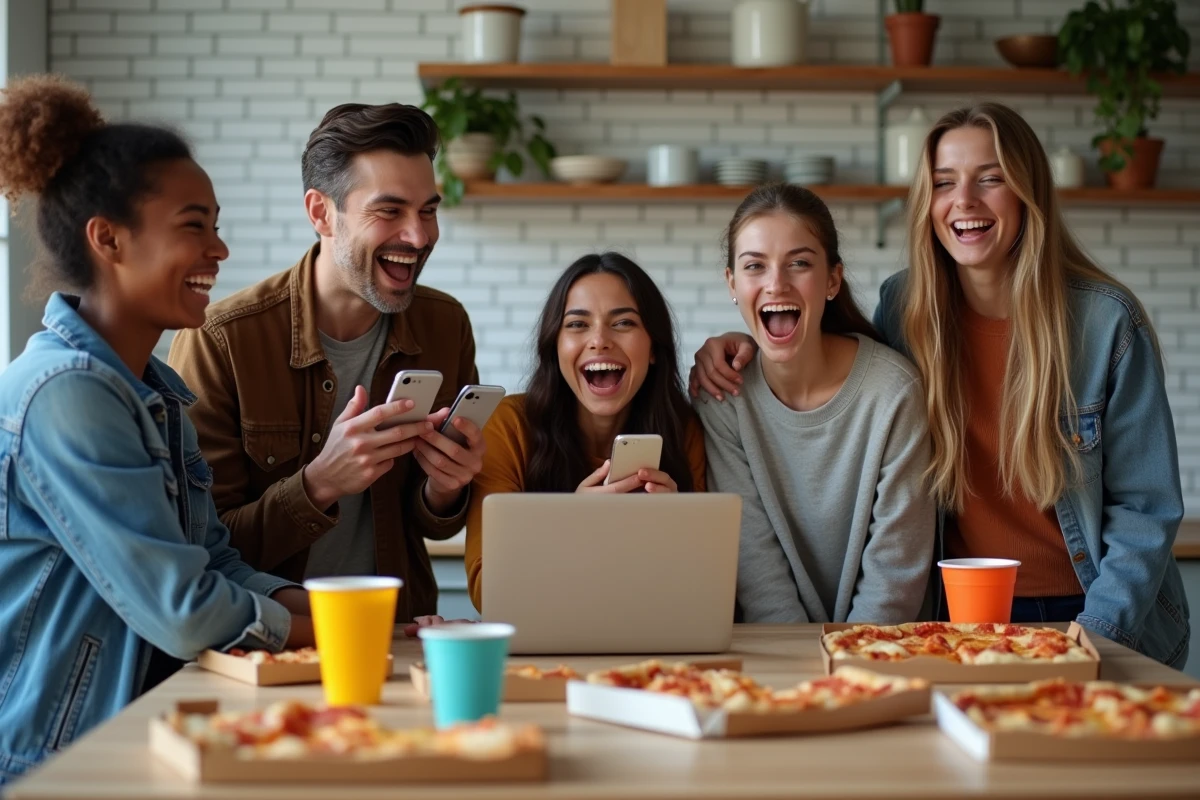 Groupe d'amis réunis autour d'une table de cuisine pour jouer à un jeu de la bombe en ligne