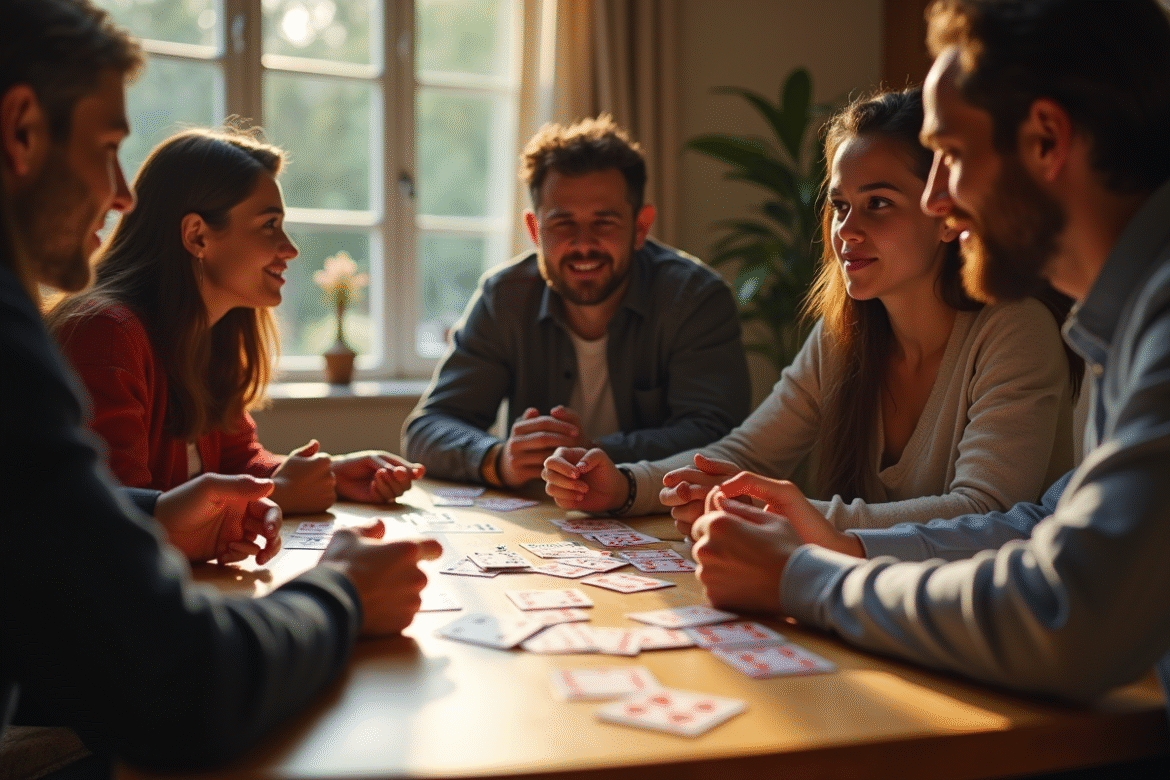 Groupe d'amis jouant aux cartes autour d'une table lumineuse