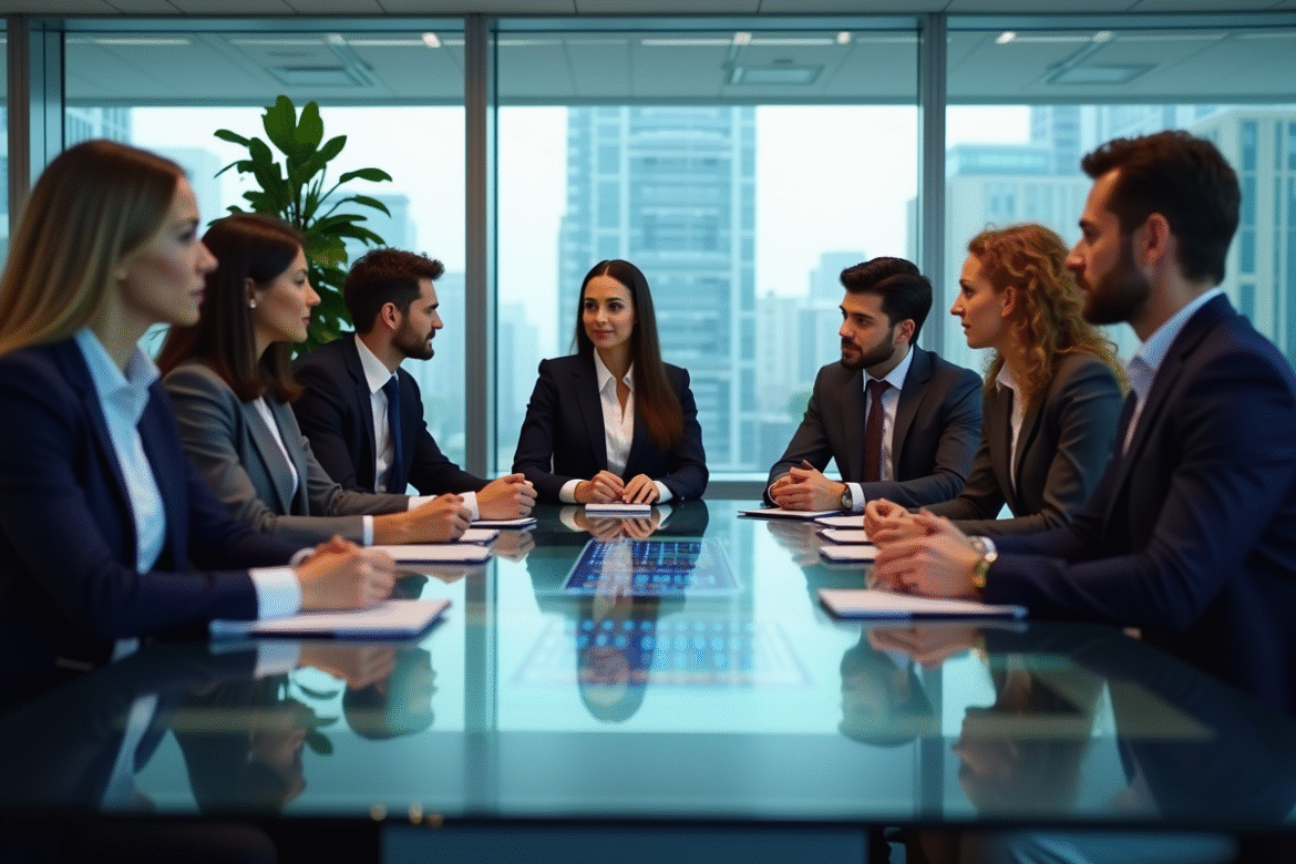 Groupe de professionnels discutant de données en réunion