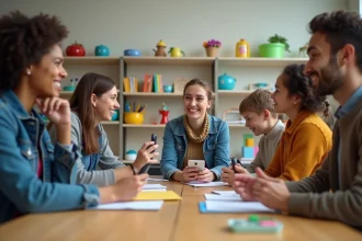 Parents réunis autour d'une table en classe moderne
