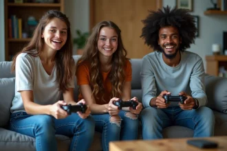 Jeunes adultes jouant à la console dans un salon moderne