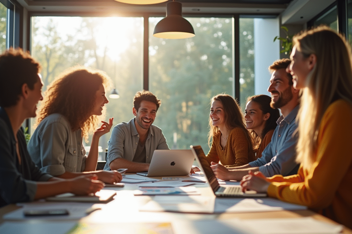 Groupe de personnes souriantes dans un bureau lumineux