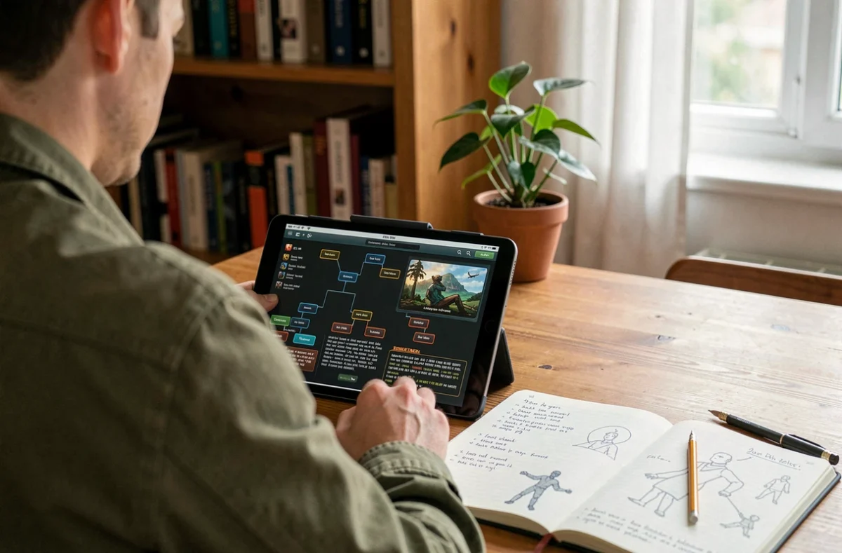 Guide stratégique de jeu RPG ouvert sur tablette avec notes manuscrites pour optimiser un personnage héros avec système cheat