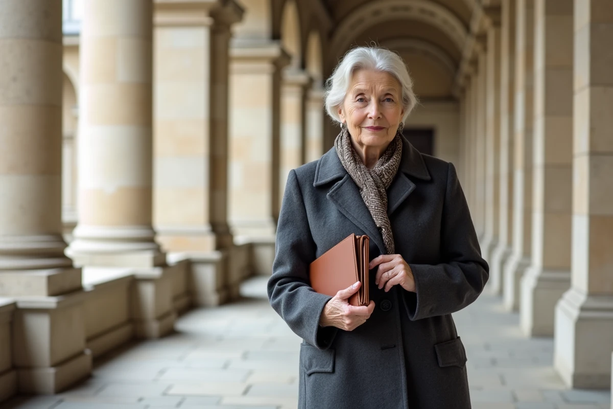 Femme distinguée marchant sous les colonnades d'une institution néoclassique parisienne, tenant un portfolio en cuir, symbolisant une carrière institutionnelle prestigieuse et une notoriété académique reconnue