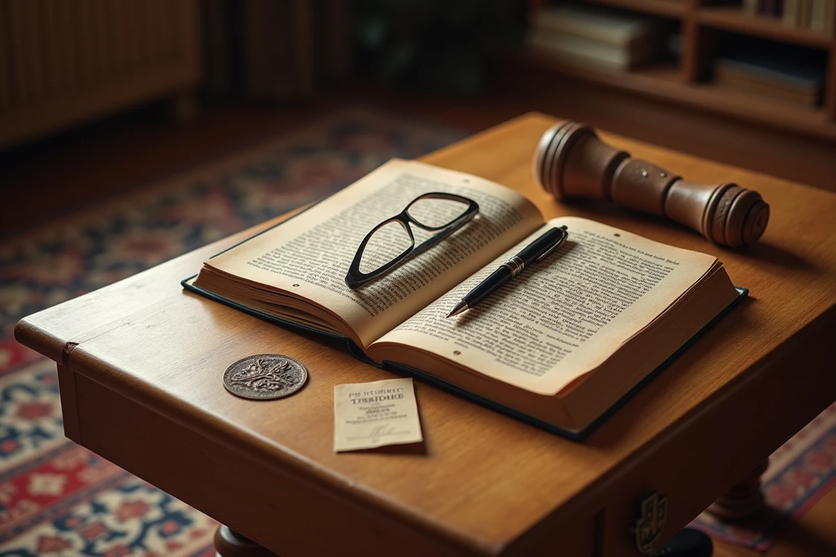 Nature morte élégante sur bureau en chêne avec livre académique, lunettes de lecture, stylo Mont Blanc, médaille en bronze et document officiel à sceau de cire, évoquant le patrimoine intellectuel et les distinctions honorifiques