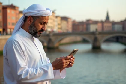 Homme consultant les horaires de prière sur smartphone au bord de la Garonne à Toulouse