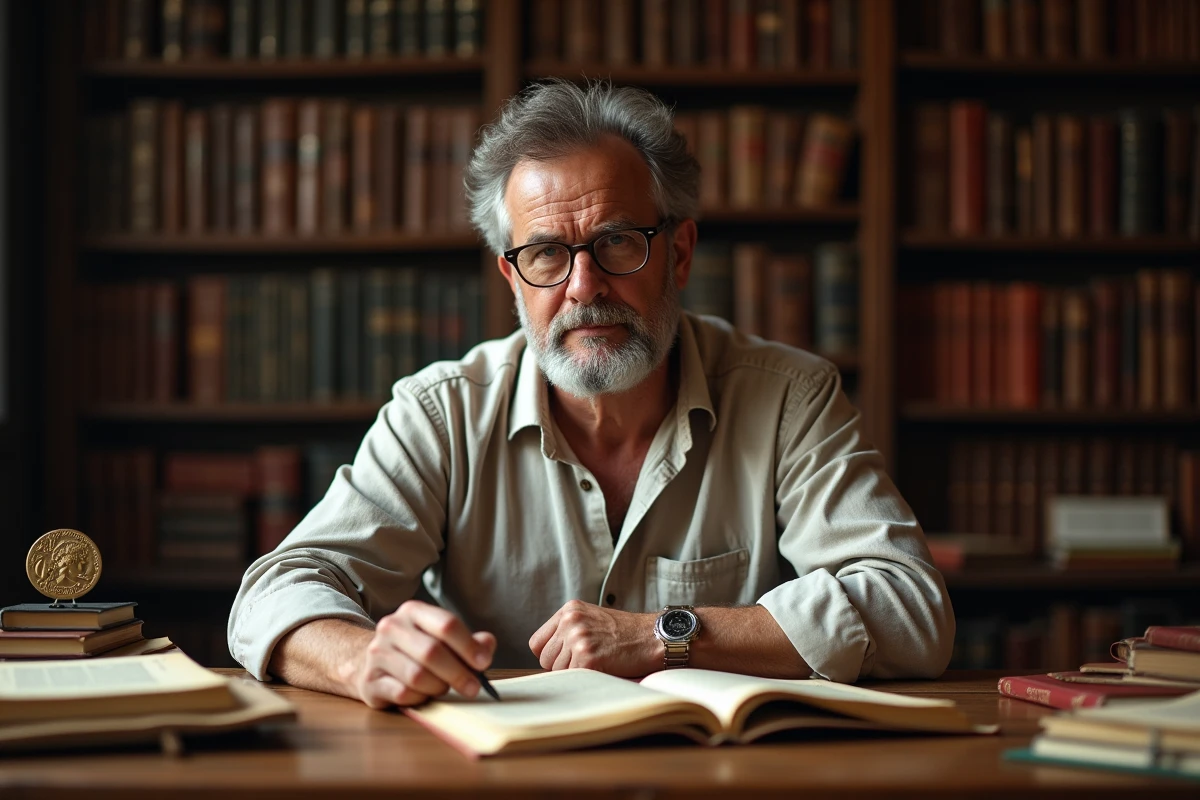 Historien étudiant des documents et artefacts romains liés au Sénat romain et à la devise SPQR dans une bibliothèque universitaire