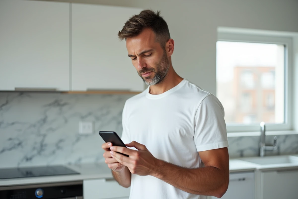 Homme utilisant l'application Amazon sur smartphone pour archiver ses commandes et protéger sa vie privée
