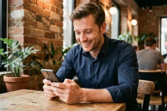 Homme consultant une application de rencontre sur son smartphone dans un café parisien décontracté