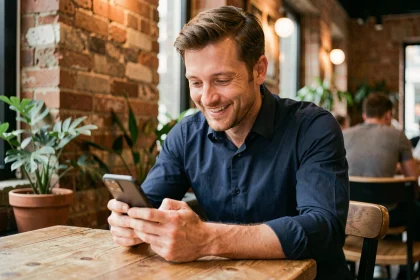 Homme consultant une application de rencontre sur son smartphone dans un café parisien décontracté