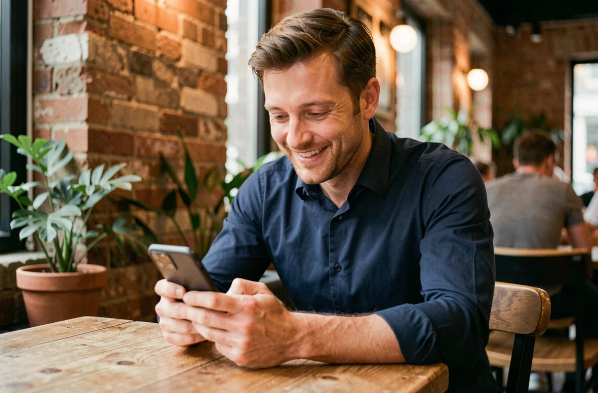 Homme consultant une application de rencontre sur son smartphone dans un café parisien décontracté