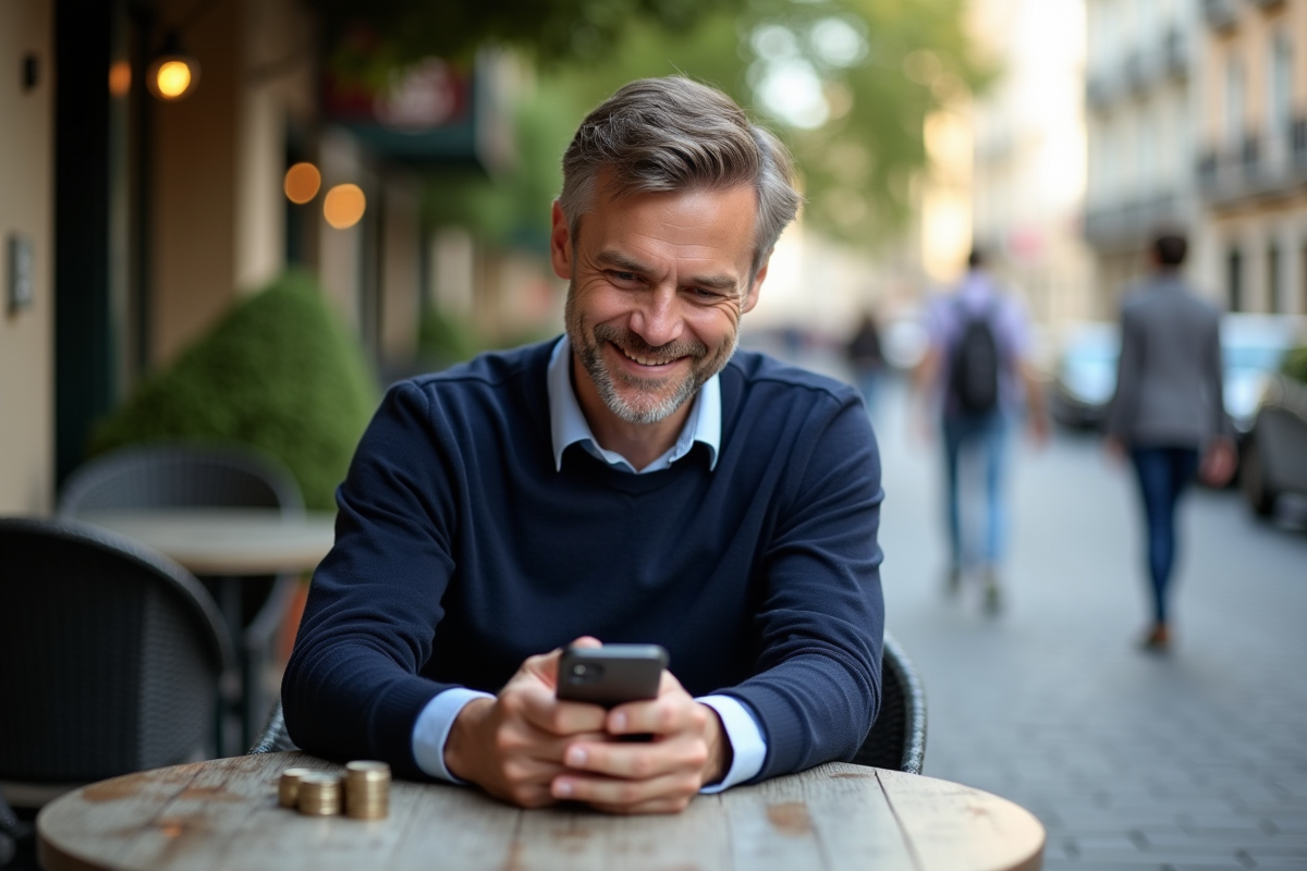 Homme souriant vérifiant ses investissements au café
