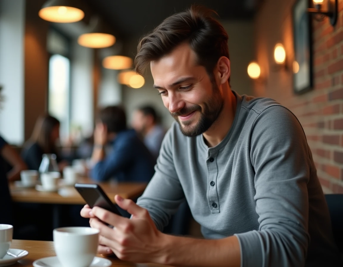 Homme consultant un magazine numérique sur smartphone dans un café moderne urbain
