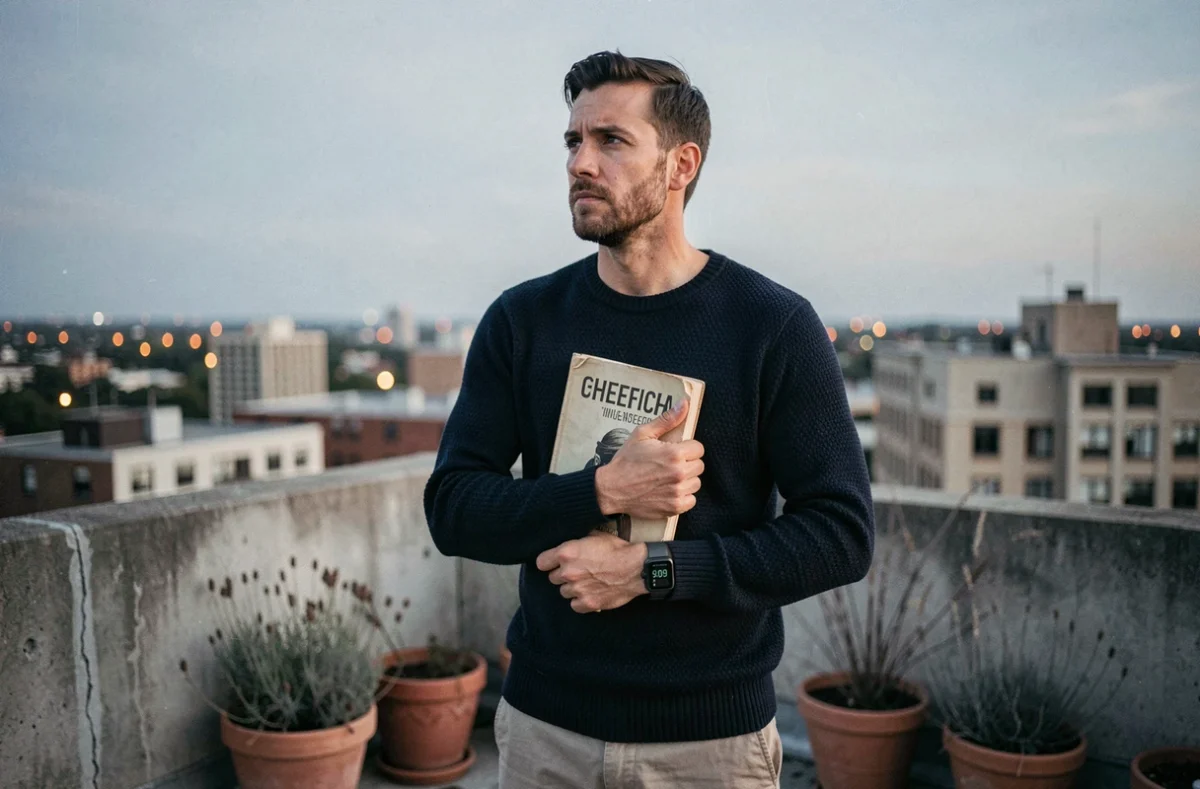 Homme contemplatif sur un toit urbain regardant l'horizon avec une montre affichant 9h09, évoquant la spiritualité et le karma liés aux heures miroirs