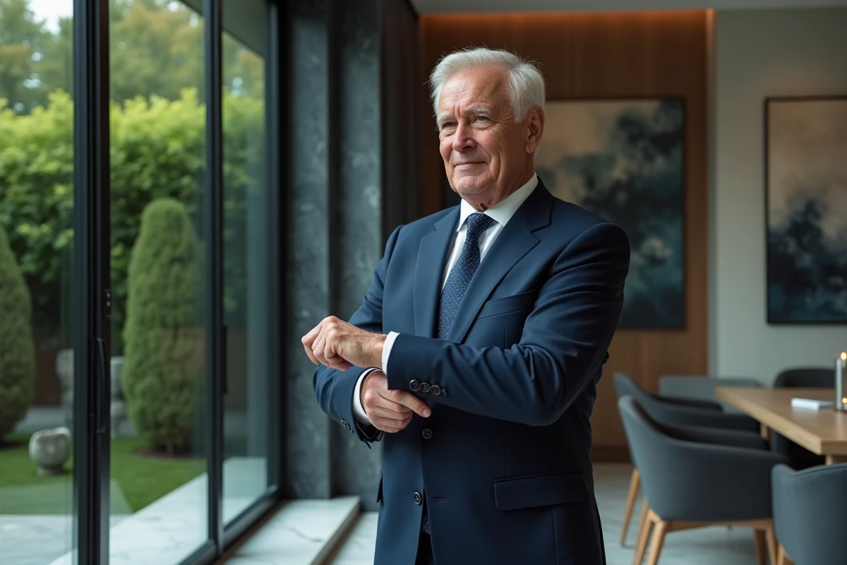 Homme distingué ajustant ses manchettes dans un intérieur luxe