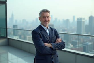 Homme d'affaires en costume sur un rooftop urbain
