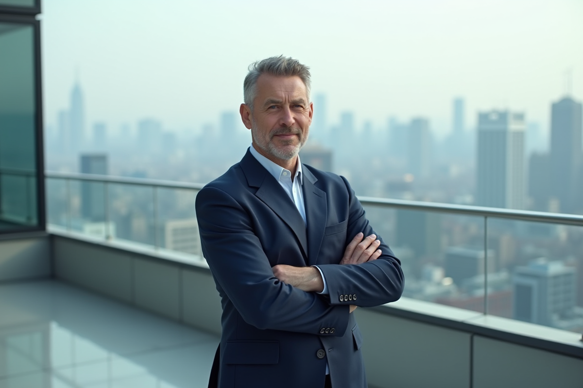 Homme d'affaires en costume sur un rooftop urbain
