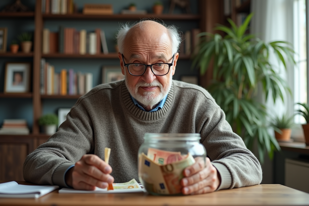 Homme âgé déposant des billets dans une jarre d