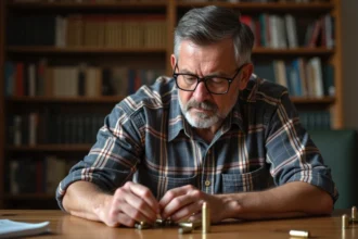 Homme regardant des cartouches 9mm à son bureau