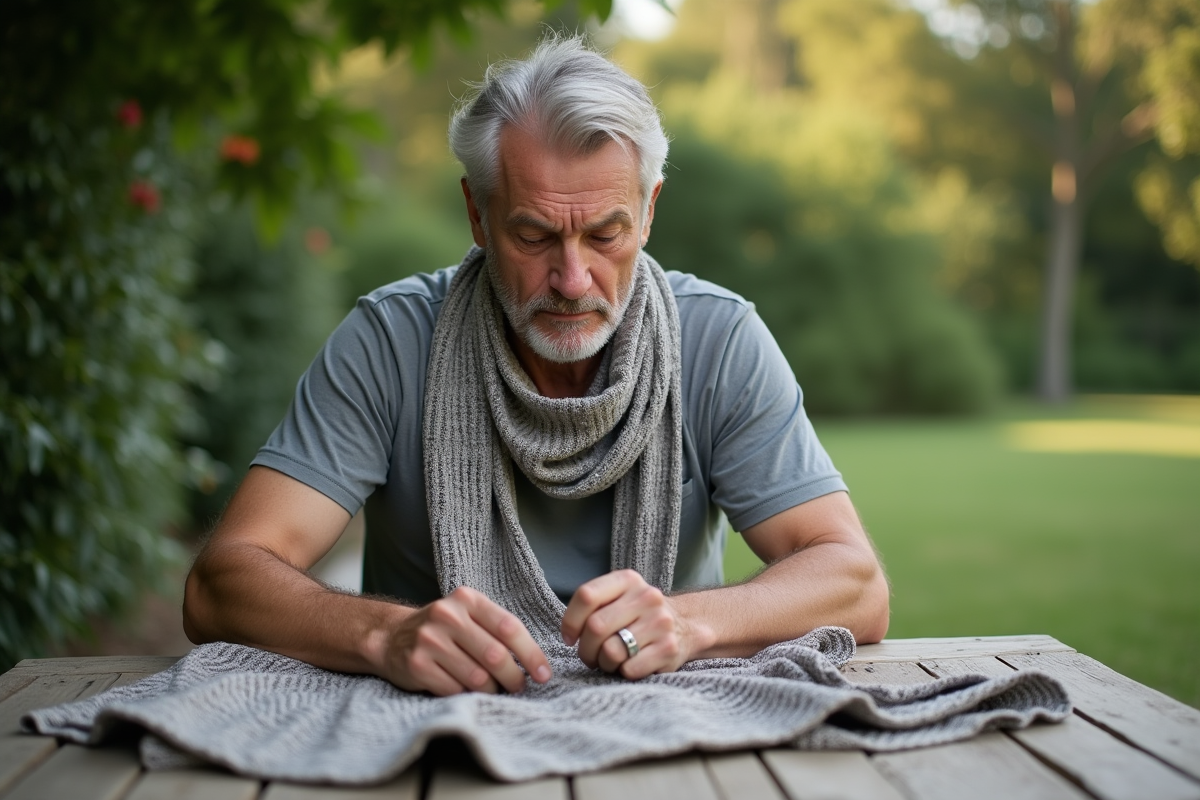 Homme examine une écharpe viscose en extérieur