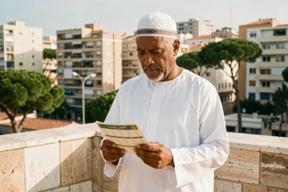 Homme consultant l'horaire de prière à Marseille 13015 sur une terrasse avec vue sur le quartier
