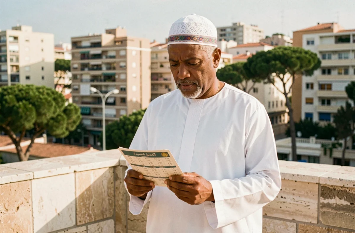 Homme consultant l'horaire de prière à Marseille 13015 sur une terrasse avec vue sur le quartier