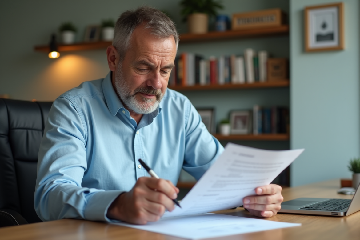 Homme d'âge moyen examinant des documents à domicile